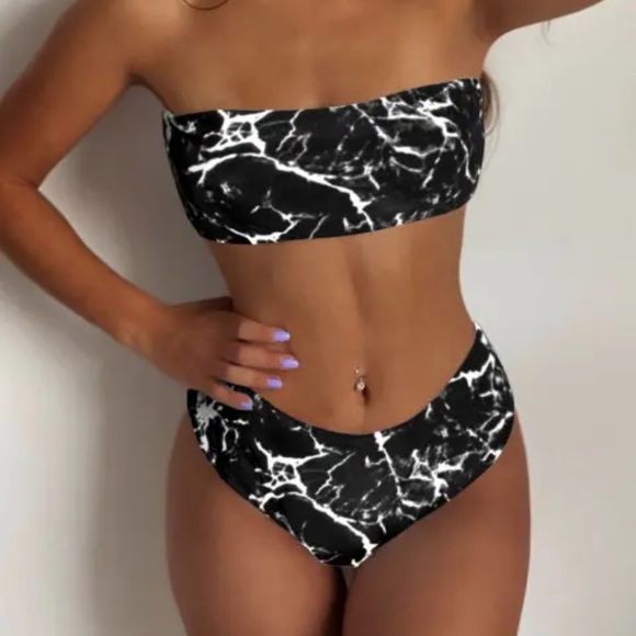 I2CRAZY Black White Marble Bikini Women High Waisted Swimsuit Two Piece NWT - Picture 3 of 6